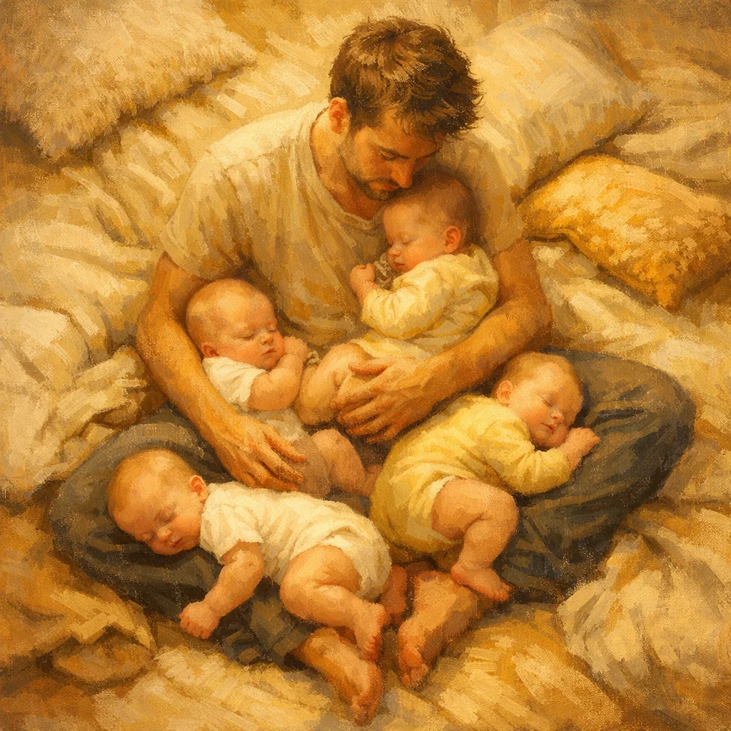 Ilustración de un padre abrazando a cuatro bebés dormidos sobre almohadones