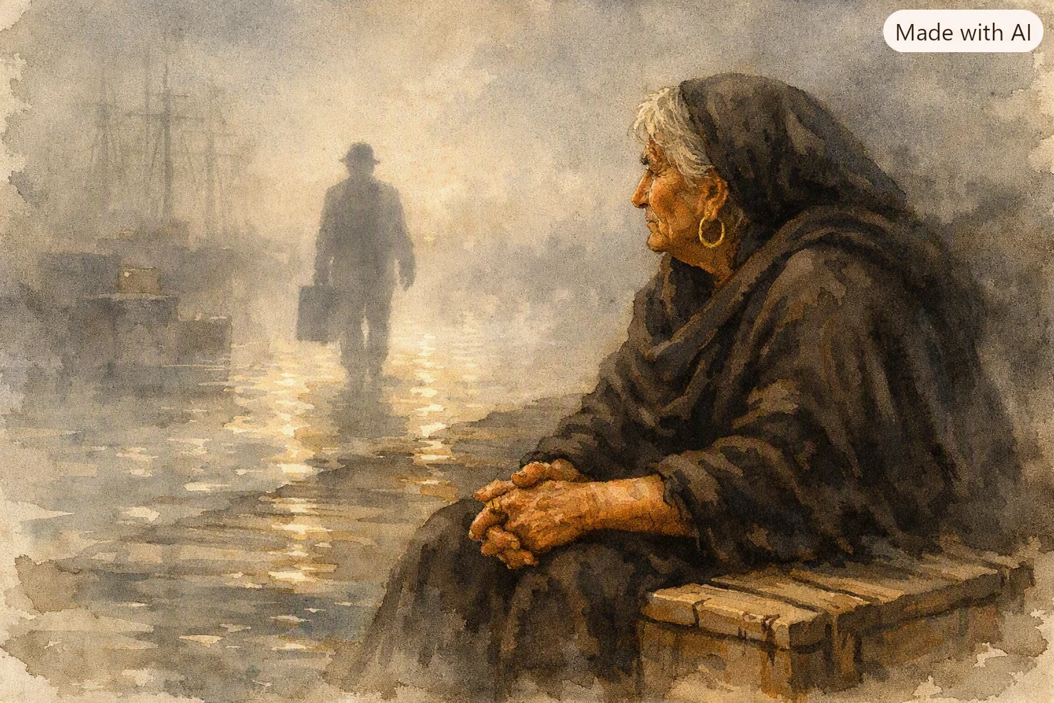 Ilustración de una mujer mayor sentada en un muelle envuelto en niebla, mirando a un hombre alejarse con una maleta