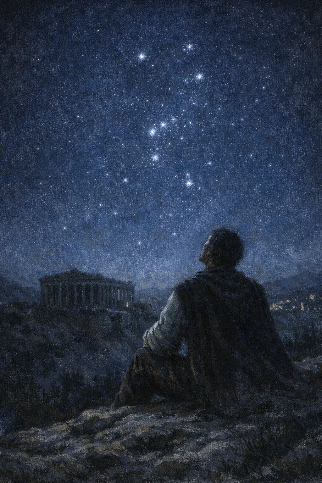Ilustración de una figura sosteniendo una serpiente entre estrellas, la constelación de Ofiuco