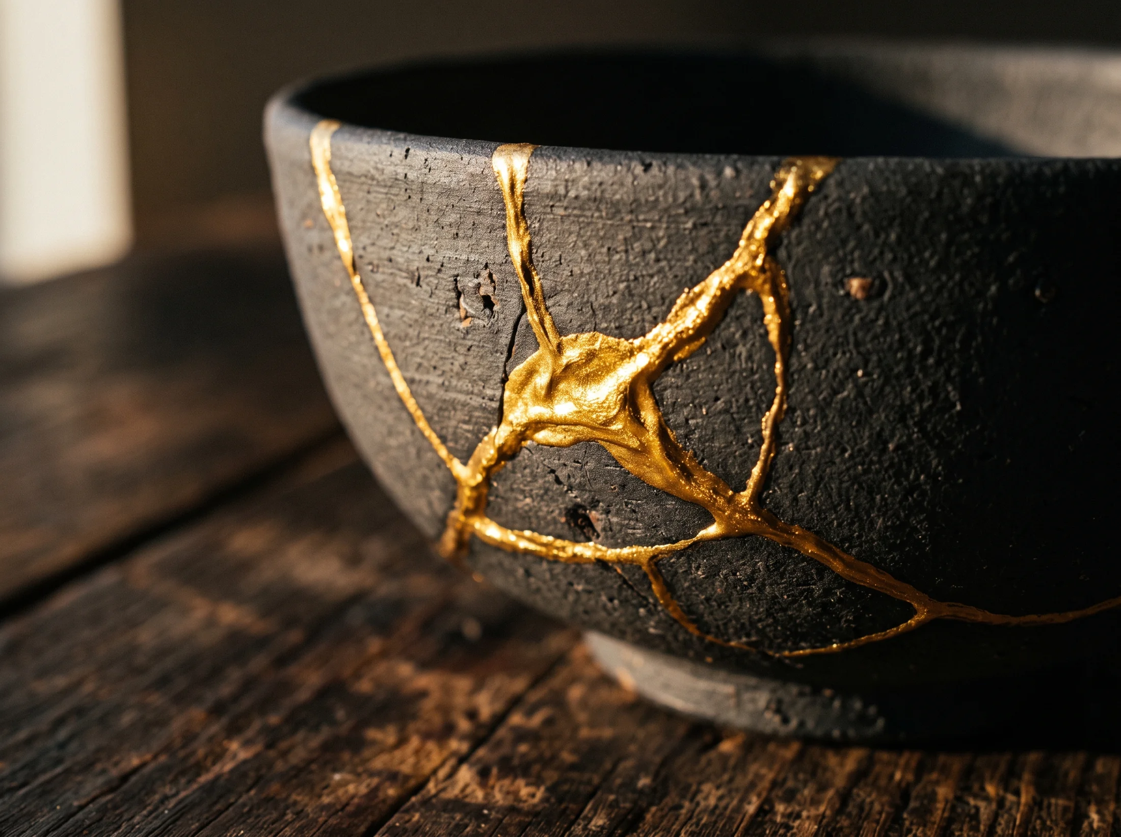 Cuenco de cerámica negra reparado con grietas de oro, técnica kintsugi