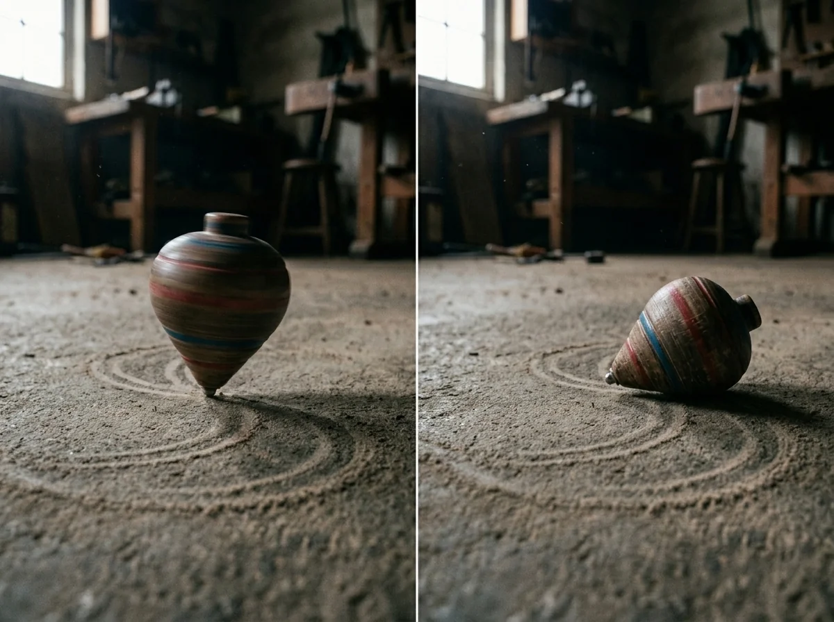 Díptico de un trompo de madera girando y luego caído sobre arena, en un taller